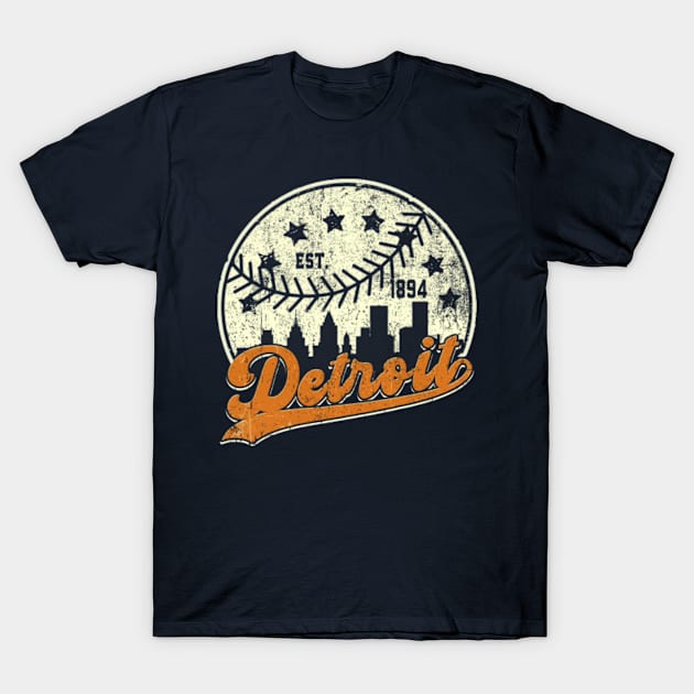 Distressed Detroit Downtown Skyline Baseball T-Shirt by Taylosose